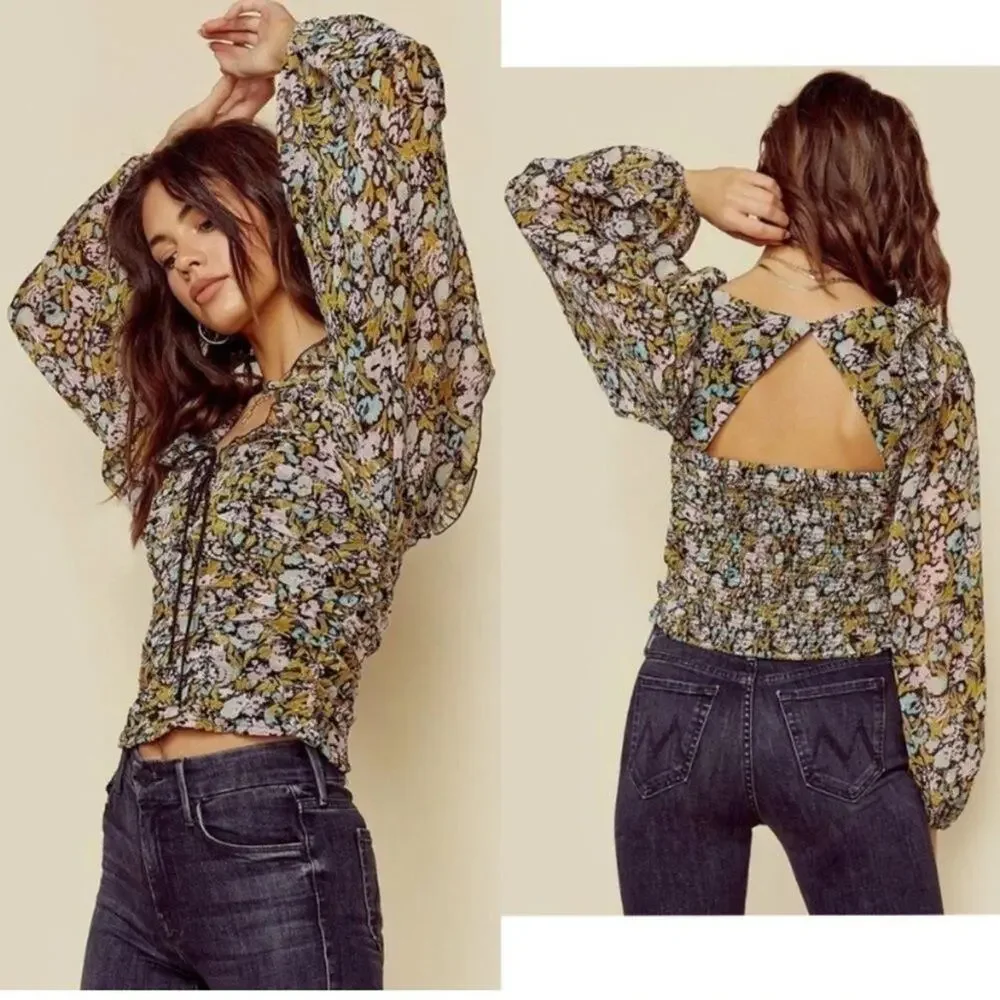 Free People Mabel Lace-Up Top XS Blouse Smocked Floral Bohemian Long Puff Sleeve